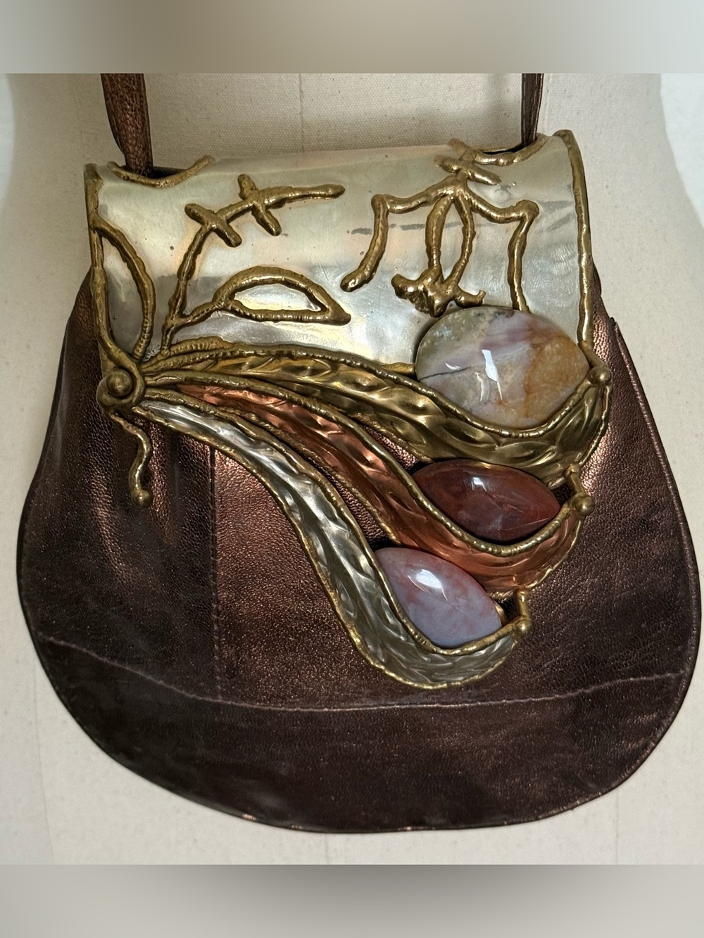 VTG 1970's Brutalist Art Sculptural Cabochon Gemstone Leather Purse